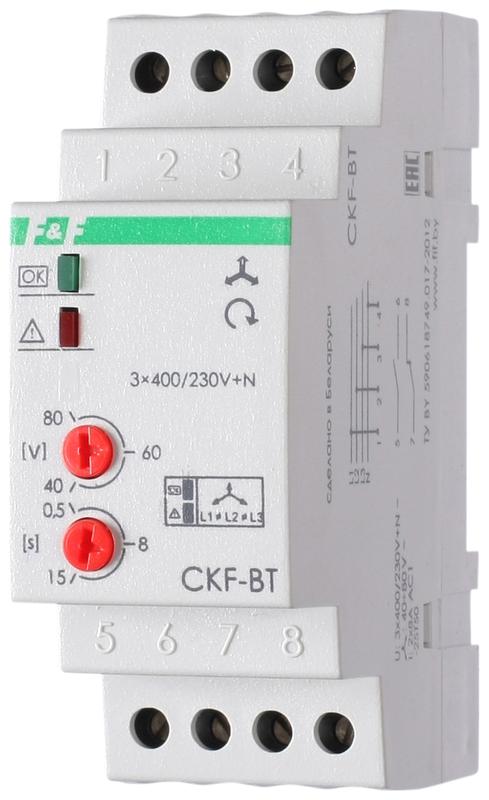 Реле контроля наличия и чередования фаз CKF-BT (монтаж на DIN-рейке 35мм; микропроцессорный; регулировка порога отключения и времени отключения; контроль верхнего и нижнего значений напряжения; 3х400/230+N 2х8А 1Z 1R IP20) F&F EA04.002.004 #1