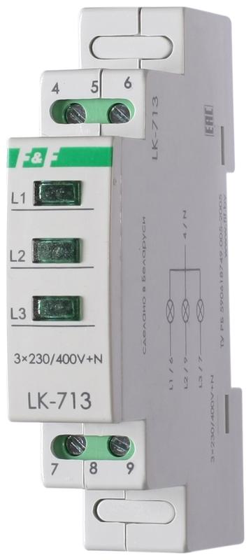 Указатель напряжения LK-713 3 зел. светодиода (сигнализация наличия 3ф 35мм 3х400/230+N IP20 монтаж на DIN-рейке) F&F EA04.007.002 #1
