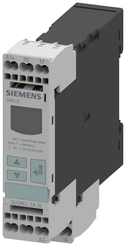 Реле контроля напряжения электронное 22.5мм от 0.1 до 60В AC/DC превыш. и пониж. 24В AC/DC DC и AC 50 до 60Гц задержка всплеска 0 до 20с гистерезис 0.1 до 30В 1 перекидн. контакт с или без лога ошибок пруж. клеммы Siemens 3UG46312AA30 #1