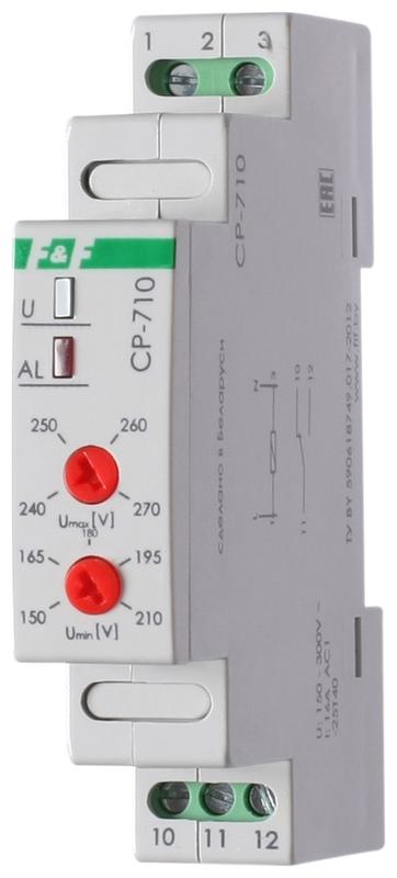 Реле напряжения CP-710 (однофазный; контроль верхнего и нижнего значений напряжения; монтаж на DIN-рейке 35мм; 230В 16А 1P IP20) F&F EA04.009.001 #1