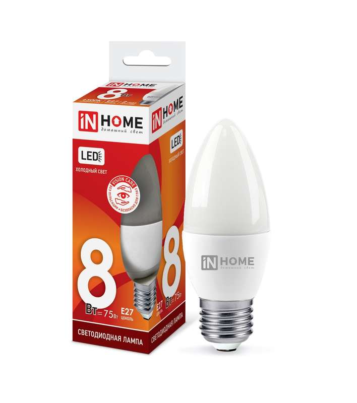 Лампа светодиодная LED-СВЕЧА-VC 8Вт свеча 230В E27 6500К 760лм IN HOME 4690612024820 #1
