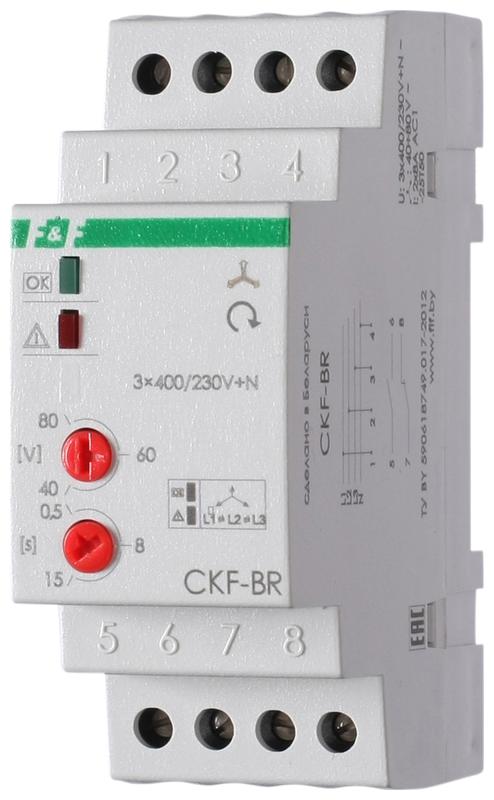 Реле контроля наличия и чередования фаз CKF-BR (монтаж на DIN-рейке 35мм; регулировка порога отключения; регулировка времени отключения; 3х400/230+N 2х8А 1Z 1R IP20) F&F EA04.002.003 #1