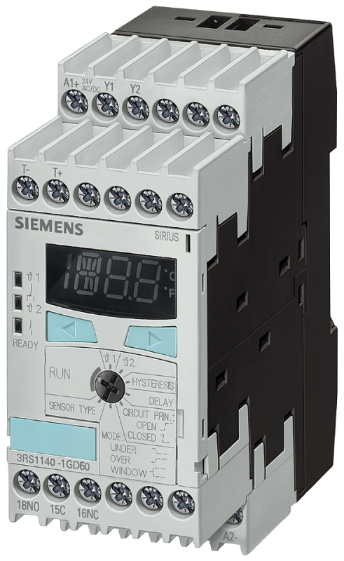 Реле контроля температуры nермоэлемент J; T; E; K; N2 пороговых значения цифровая регулировка от -99 град.C до 1830 град.C 24-240В AC/DC 2X 1П+1НО ширина 45мм пружинная клемма Siemens 3RS21402GW60 #1