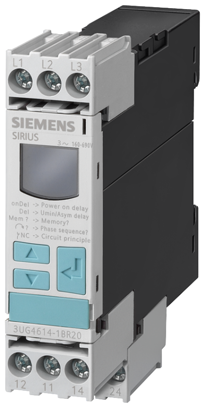 Реле контроля чередования фаз с возможностью коррекции для 3-ф с N-проводником 3X 160 до 690В AC 50 до 60Гц выпадения фазы падения и превышения напряжения 160-690В гистерезис 1-20В задержка откл. 0-20с винт. клеммы Siemens 3UG46181CR20 #1