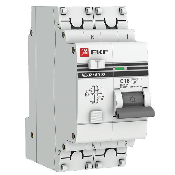 Выключатель автоматический дифференциального тока 2п C 16А 30мА тип AC 4.5кА АД-32 2мод. защита 270В электрон. PROxima EKF DA32-16-30-pro #1
