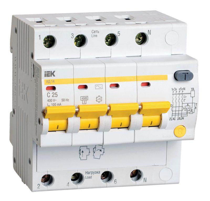 Выключатель автоматический дифференциального тока 4п C 25А 100мА тип AC 4.5кА АД-14 IEK MAD10-4-025-C-100 #1