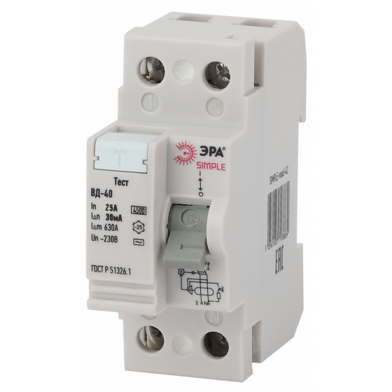 Выключатель дифференциального тока (УЗО) 2п 25А/30мА ВД-40 (электронное) SIMPLE-mod-42 ЭРА Б0039262 #1