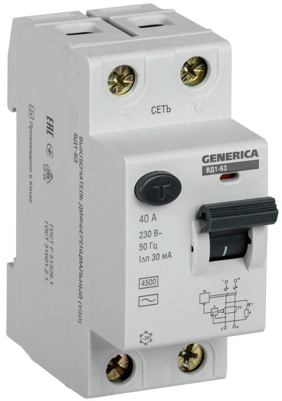Выключатель дифференциального тока (УЗО) 2п 40А 30мА тип AC ВД1-63 GENERICA IEK MDV15-2-040-030 #1
