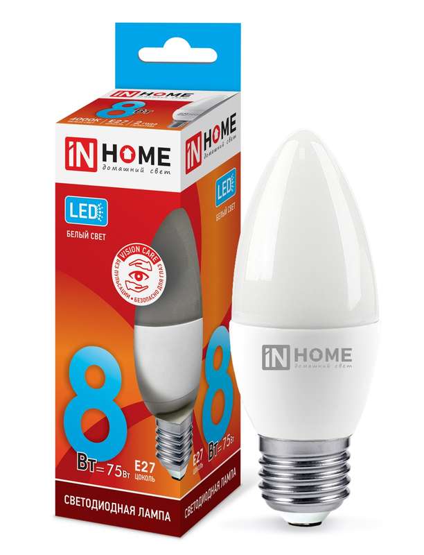 Лампа светодиодная LED-СВЕЧА-VC 8Вт свеча 4000К нейтр. бел. E27 760лм 230В IN HOME 4690612020457 #1
