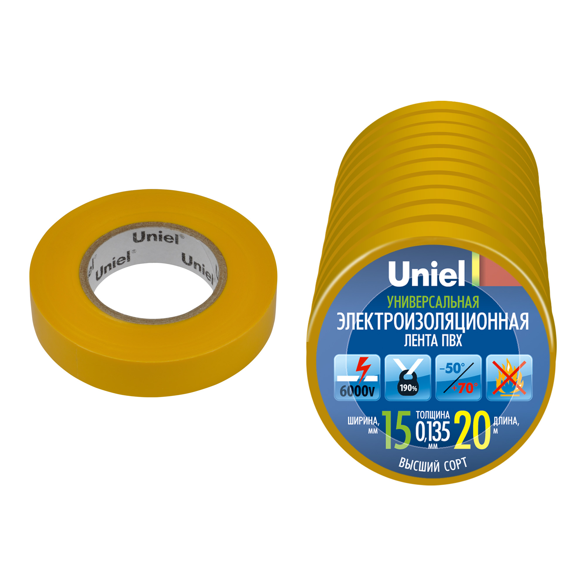 Лента изоляционная UIT-135P 20/15/10 YEL 0.135х15 20м (уп.10шт) желт. Uniel 04506 #1