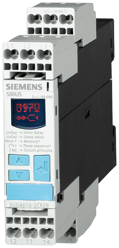 Реле контроля чередования фаз с возможностью коррекции для 3-ф с N-проводником 3X 160 до 690В AC 50 до 60Гц выпадения фазы падения и превышения напряжения 160-690В гистерезис 1-20В задержка откл. 0-20с пруж. клеммы Siemens 3UG46182CR20 #1