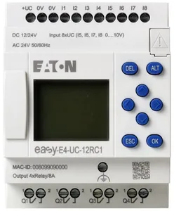 Реле программируемое EASY-E4-UC-12RC1 24В DC цифровые 8 DI (4 могут использоваться как как аналог.) 4DO транз. дисплей+клавиатура часы реального времени Ethernet RJ45 EATON 197211