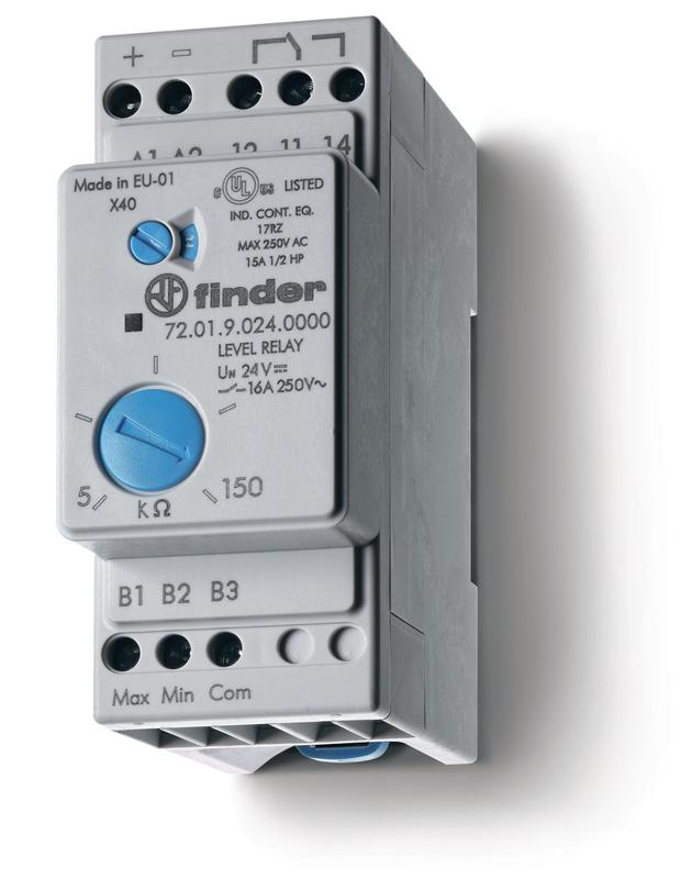 Реле контроля уровня настраиваемый диапазон чувствительности 5…150кОм 24В AC выход 1CO 16А модульное 35мм IP20 FINDER 720180240000 #1