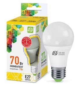 Лампа светодиодная LED-A60-standard 7Вт грушевидная 3000К тепл. бел. E27 630лм 160-260В ASD 4690612001692