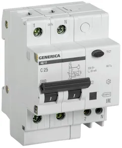 Выключатель автоматический дифференциального тока 2п 25А 30мА АД12 GENERICA IEK MAD15-2-025-C-030