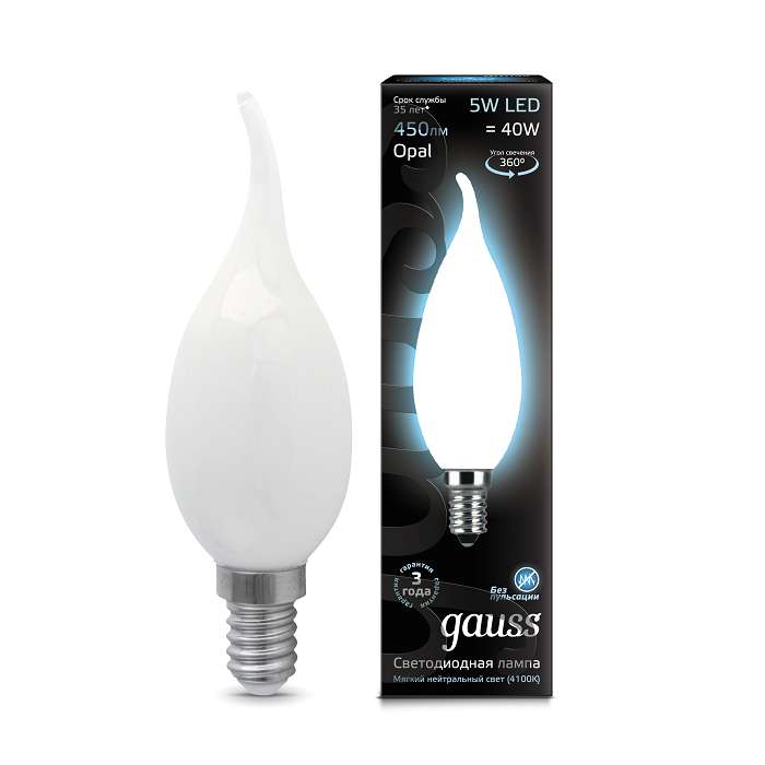 Лампа светодиодная филаментная Filament 5Вт свеча на ветру 4100К нейтр. бел. 450лм milky GAUSS 104201205 #1