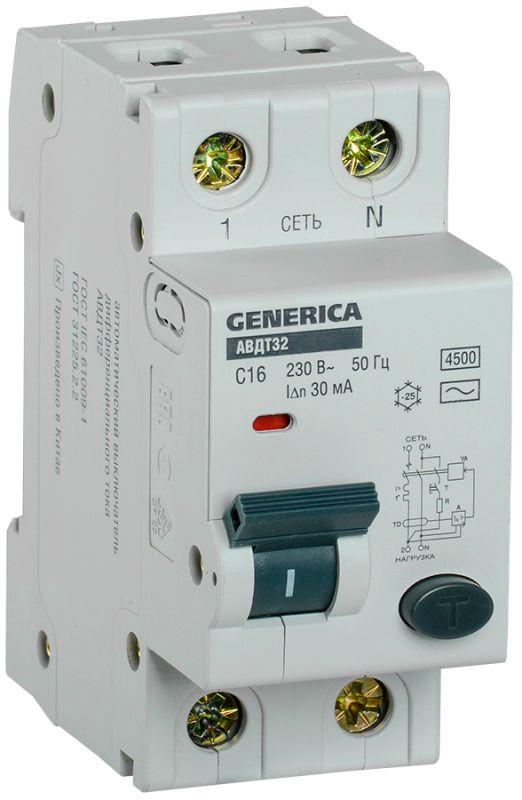 Выключатель автоматический дифференциального тока 2п C 16А 30мА тип AC 6кА АВДТ 32 C16 GENERICA IEK MAD25-5-016-C-30 #1