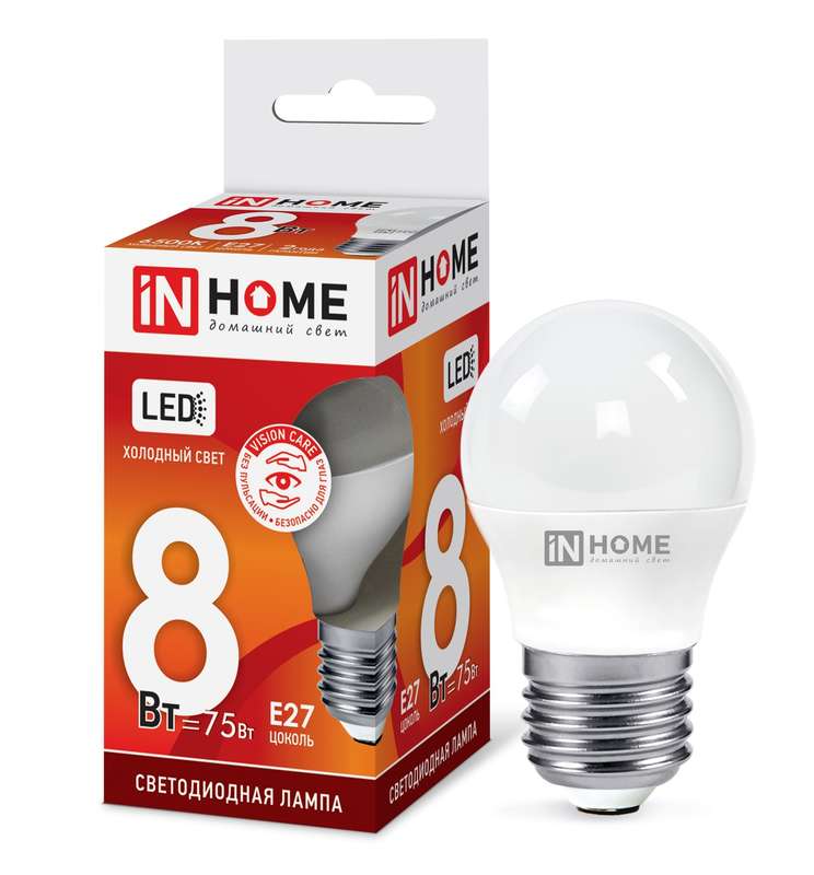 Лампа светодиодная LED-ШАР-VC 8Вт шар 230В E27 6500К 760лм IN HOME 4690612024905 #1