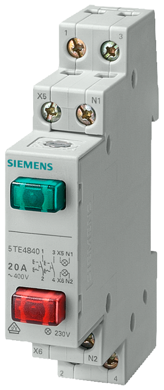 Выключатель кнопочный 20А 1NС/1NС d=70мм 2 кнопки красн.+зел. лампа 230В Siemens 5TE4840 #1