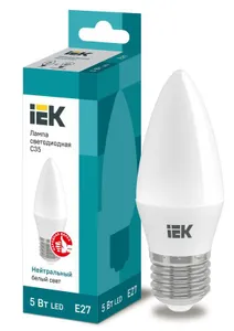 Лампа светодиодная Eco 5Вт C35 свеча 4000К нейтр. бел. E27 450лм 230-240В IEK LLE-C35-5-230-40-E27 #1