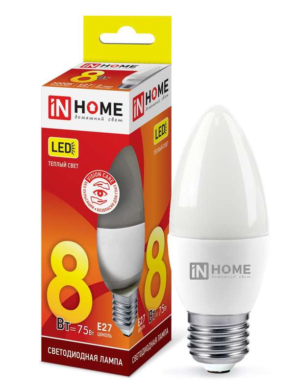 Лампа светодиодная LED-СВЕЧА-VC 8Вт свеча 230В E27 3000К 760лм IN HOME 4690612020440 #1
