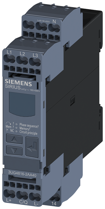 Реле контроля цифровое для 3ф напряжения с нейтральным проводом для IO-Link AC 50-60Гц 3X 160-690В чередование фаз выпадение фазы гистерезис 1-20В время задержки срабатывания 1 перекл. контакт пруж. клеммы Siemens 3UG48162AA40 #1