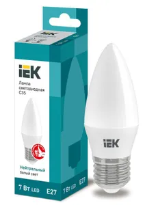 Лампа светодиодная Eco 7Вт C35 свеча 4000К нейтр. бел. E27 230В IEK LLE-C35-7-230-40-E27 #1