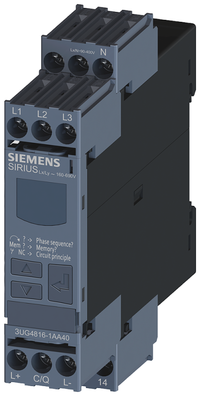 Реле контроля цифровое для 3ф напряжения с нейтральным проводом для IO-Link AC 50-60Гц 3X 160-690В чередование фаз выпадение фазы гистерезис 1-20В время задержки срабатывания 1 перекл. контакт винтовой зажим Siemens 3UG48161AA40 #1