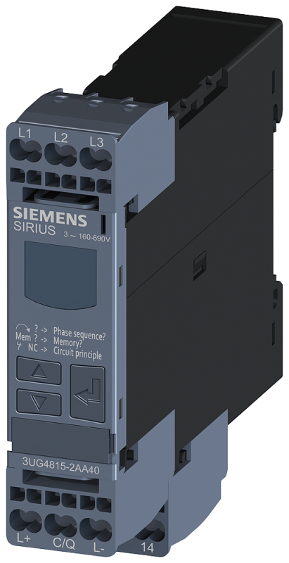 Реле контроля цифровое для 3ф напряжения питания для IO-Link AC 50-60Гц 3X 160-690В чередование фаз выпадение фазы гистерезис 1-20В время стабилизации сети время задержки срабатывания 1 перекл. контакт пруж. клеммы Siemens 3UG48152AA40 #1