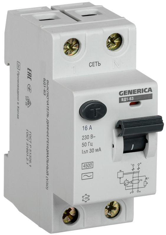 Выключатель дифференциального тока (УЗО) 2п 16А 30мА тип AC ВД1-63 GENERICA IEK MDV15-2-016-030 #1